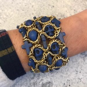 Blue Stone Skull & Cross Gold Wire Bracelet